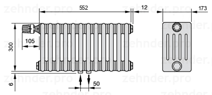 Схема (чертеж) Радиатор Zehnder Charleston 5030/12 №V007 Белый глянцевый RAL 9016